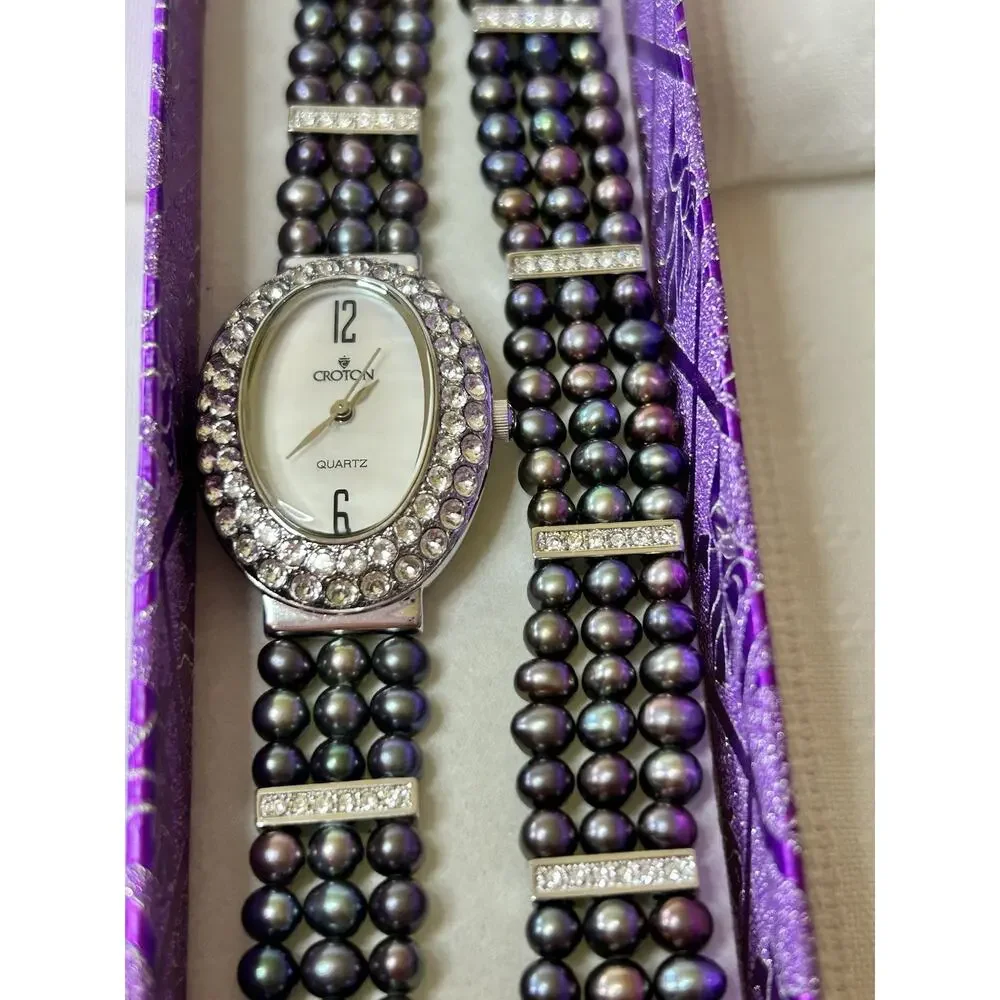 Croton Women's Mother of Pearl Watch & Bracelet Set Crystal Halo Tahitian Pearl